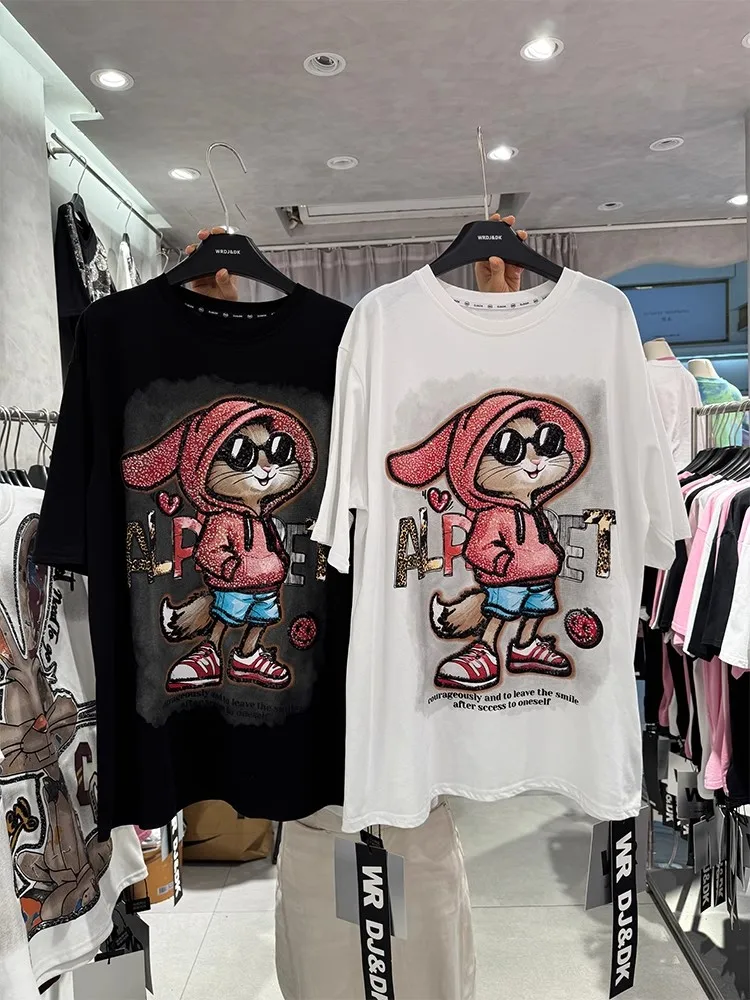 

Oversized Rhinestone Rabbit mid-length half-sleeved top 100% cotton women's short-sleeved T-shirt
