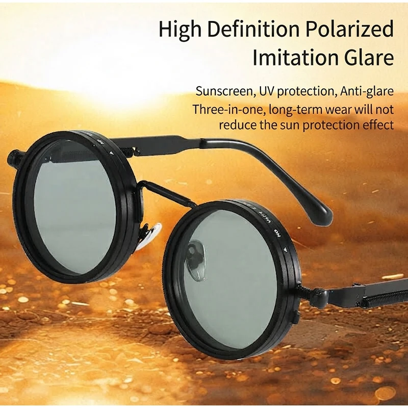 ND 9-level Adjustable Dimming Sunglasses Round Retro Punk Dimming Eyeglasses Outdoor Driving UV400 Polarized Sunglasses Unisex