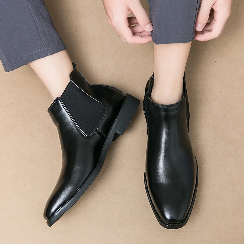 British Style Brown Men's Leather Boots Large Size 48 Pointed-toe Chelsea Boots Men Slip On Booties for Men Formal Shoes botas
