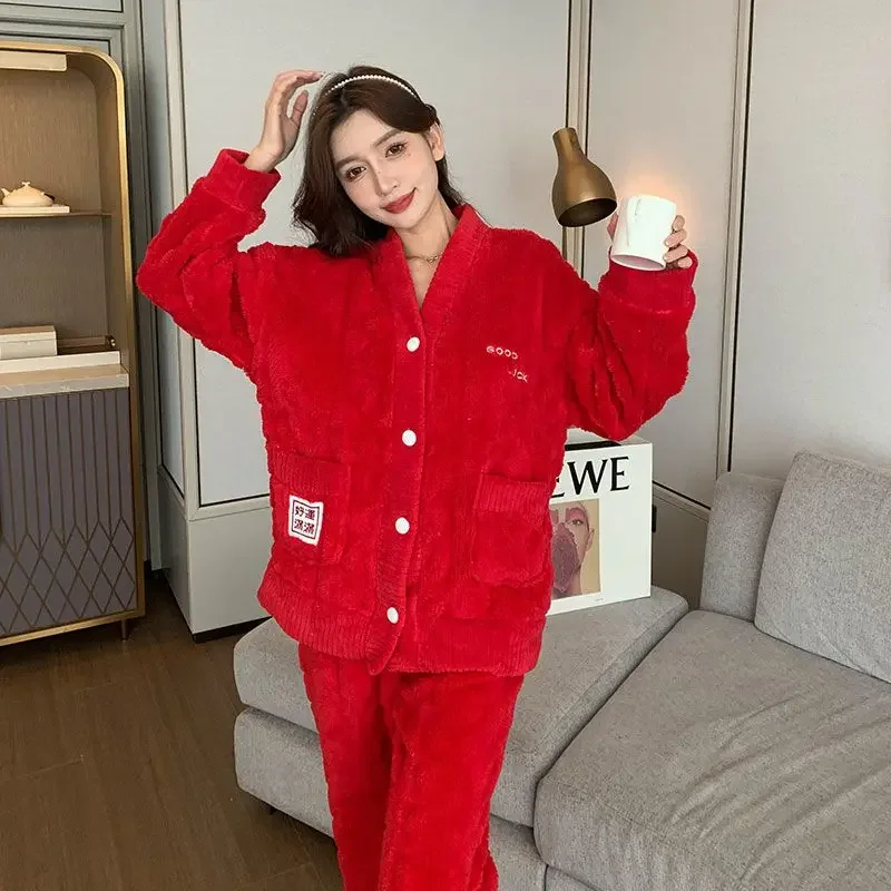 Red Coral Fleece Pajamas Women Fall Winter  Add Fleece To Thicken Cardigan Jubilant Loungewear Can Be Worn Outside sleepwear