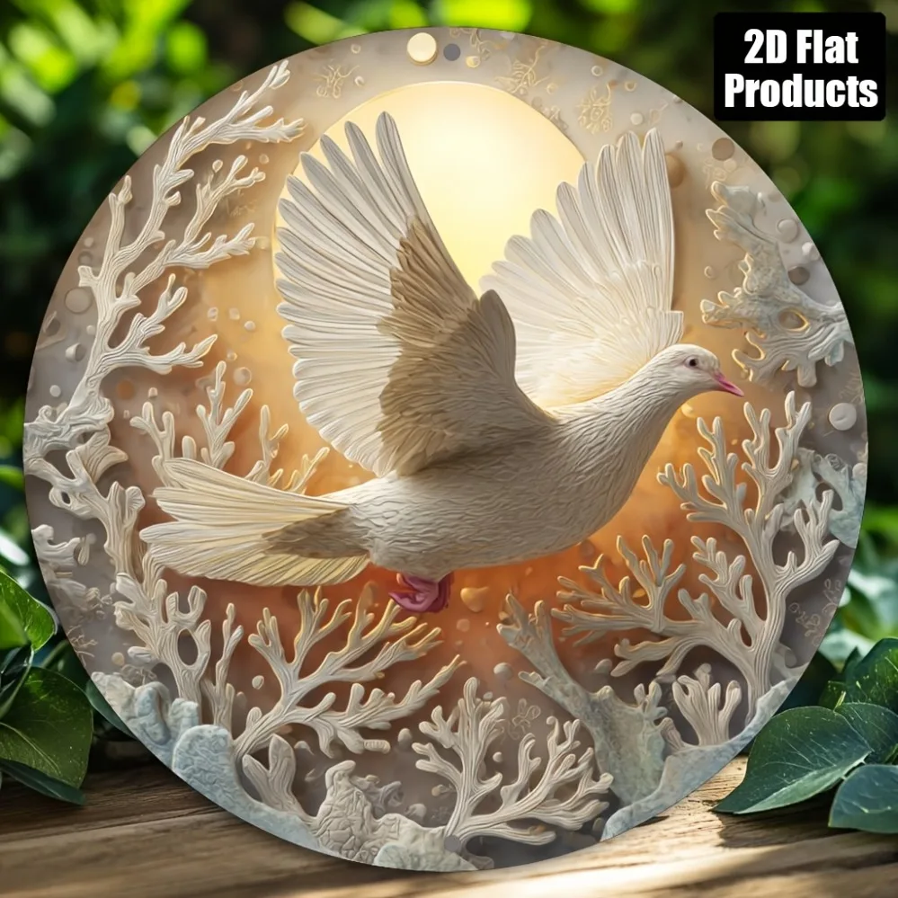 3D Relief White Dove Coral Moon Pattern Round Metal Tin Sign Wall Decor For Home Garden Art Plaque