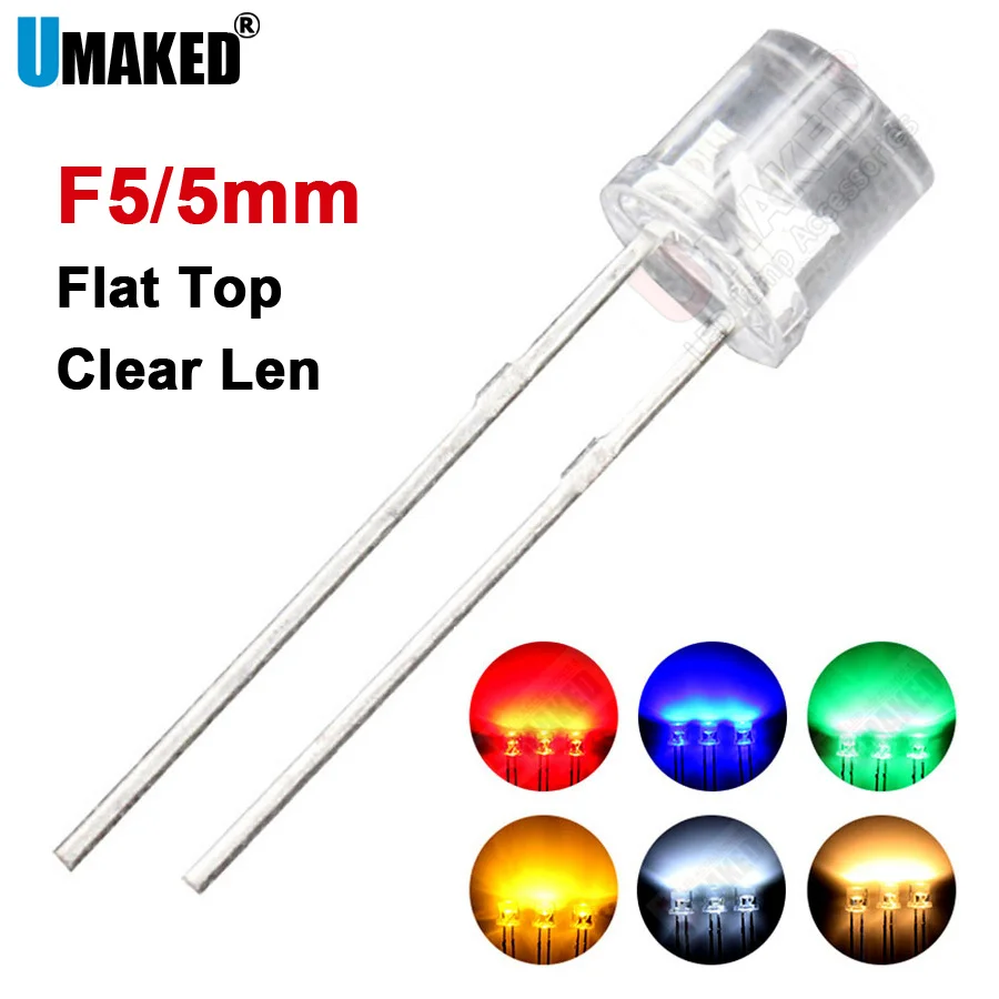 

1000pcs 5mm Clear len LED flat top lamps diodes chip 20mA light beads F5 led Emitting diodes WW/W/R/G/B/Y Lighting DIY lamp