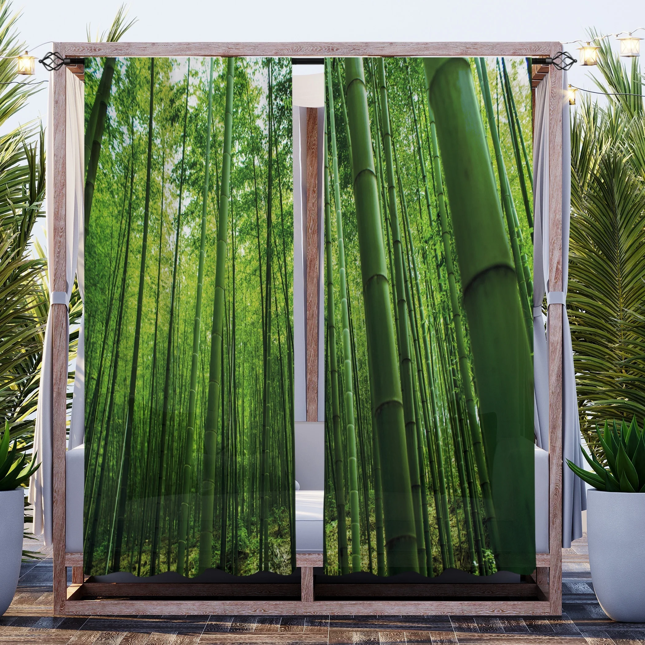 

2-Piece Bamboo Forest Green Printed Waterproof Quick-DryCurtains-Rod Pocket Design For Outdoor Patio, Gazebo &Garden Sunshade