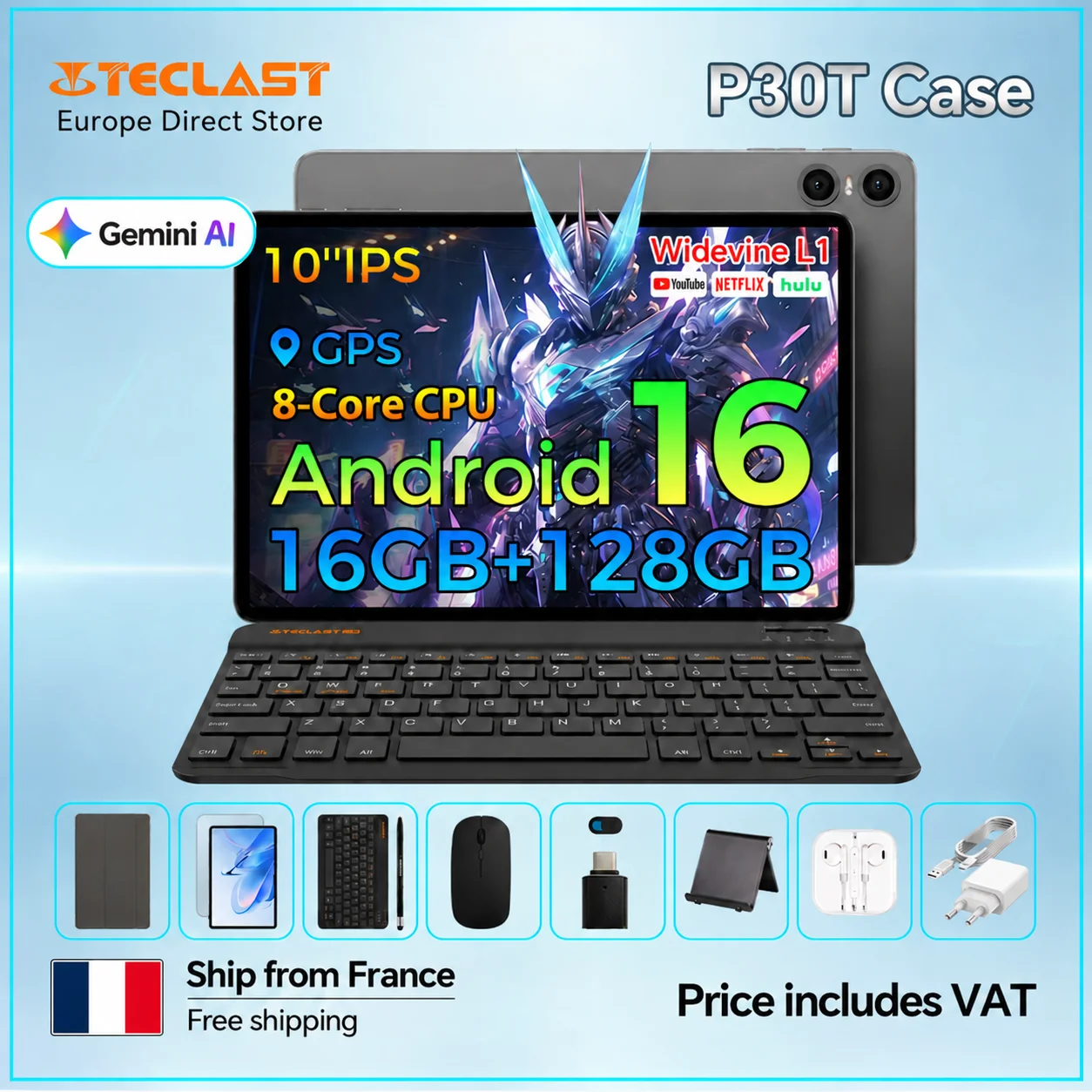 Custodia per tablet Teclast P30T, Android, 16, 10,1", 16 GB (3 GB + 13 GB) di RAM, 128 GB di ROM, CPU a 8 core, tutto in uno: custodia per P30T/tastiera/mouse/penne/auricolari/supporto.