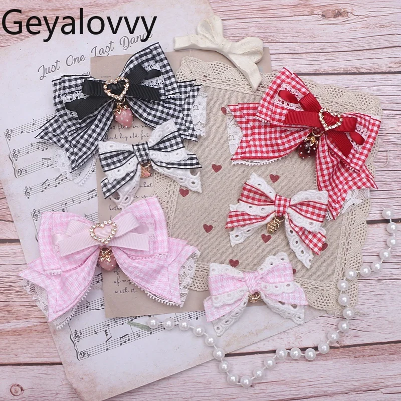 

Japanese Style Handmade Sweet Cute Girls Mass-Produced Headwear Kawaii Lace Edge Plaid Bow Detachable Hairband Hair Accessories