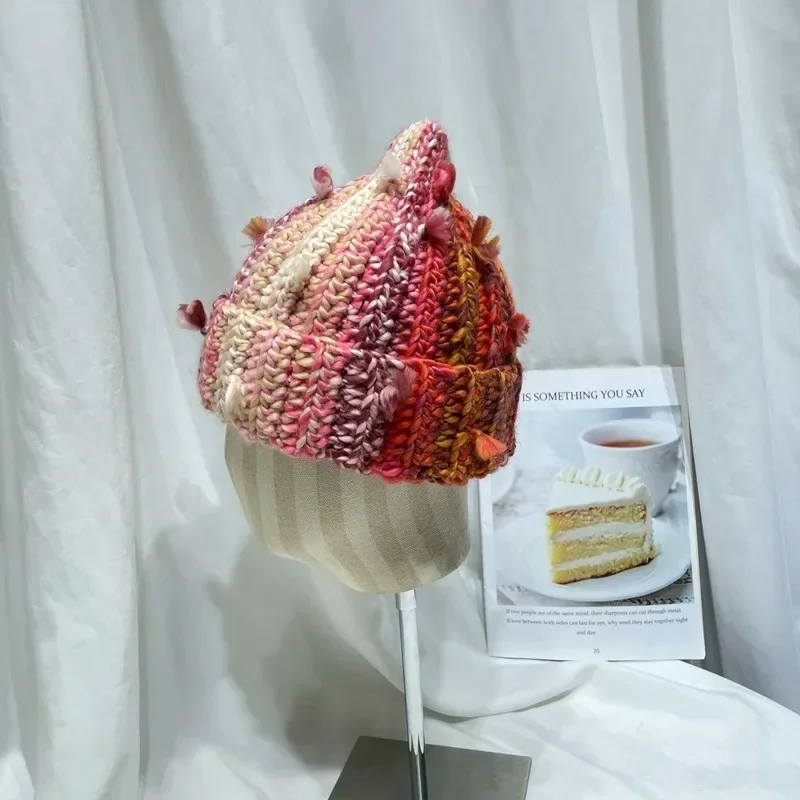 2027 Niche Colored Fringed Wool Beanie Hat Women's Autumn Winter Japanese Warm Ear Protection Contrasting Knitted Pacifier Hat