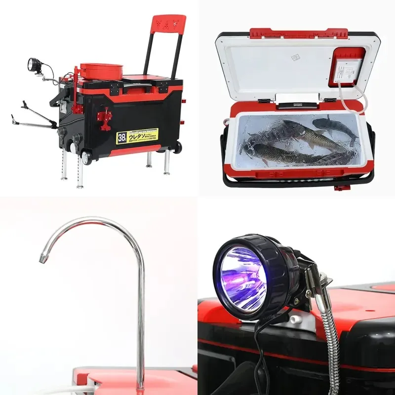 38L Waterproof ABS Plastic Fishing Tackle Box with Light  Lure Storage Container Red Black Wholesale Tool Case