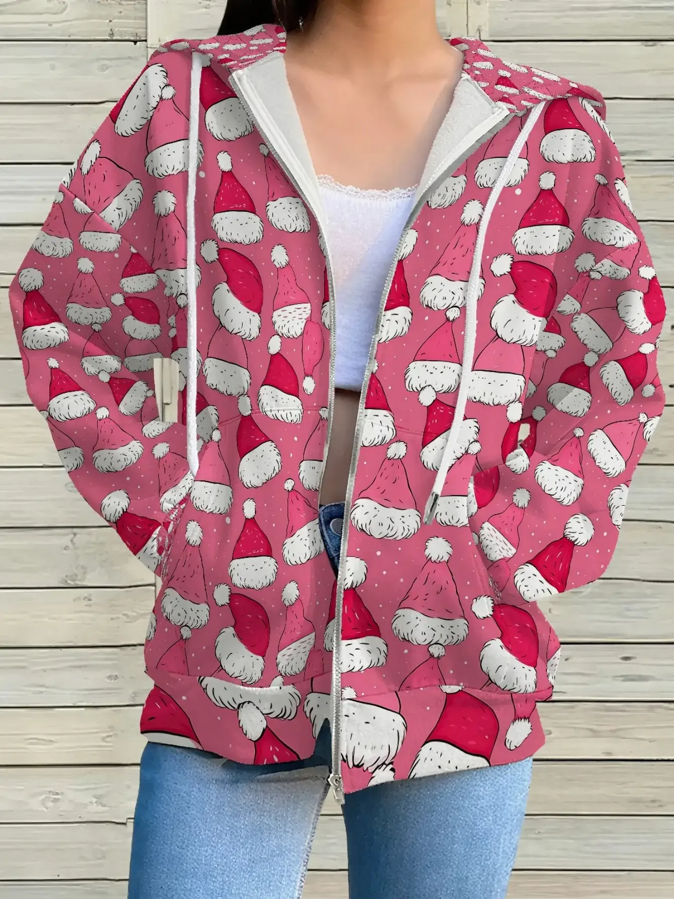 

2026 New Women's Printed Zipper Hoodie - Retro Fashion Full Zipper Hoodie with Pocket, Pink Christmas hat
