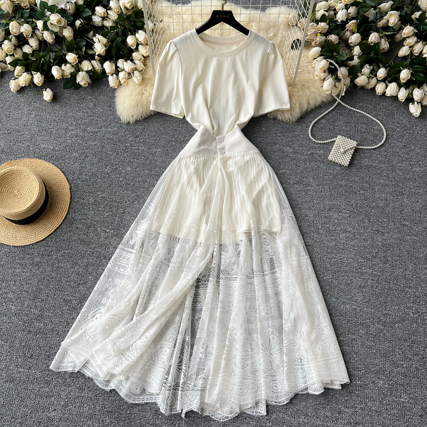 Summer Layering Two-Piece Skirt For Women Medium Length Short Sleeved T-shirt Dress+High Waist Cinched Lace Skirt