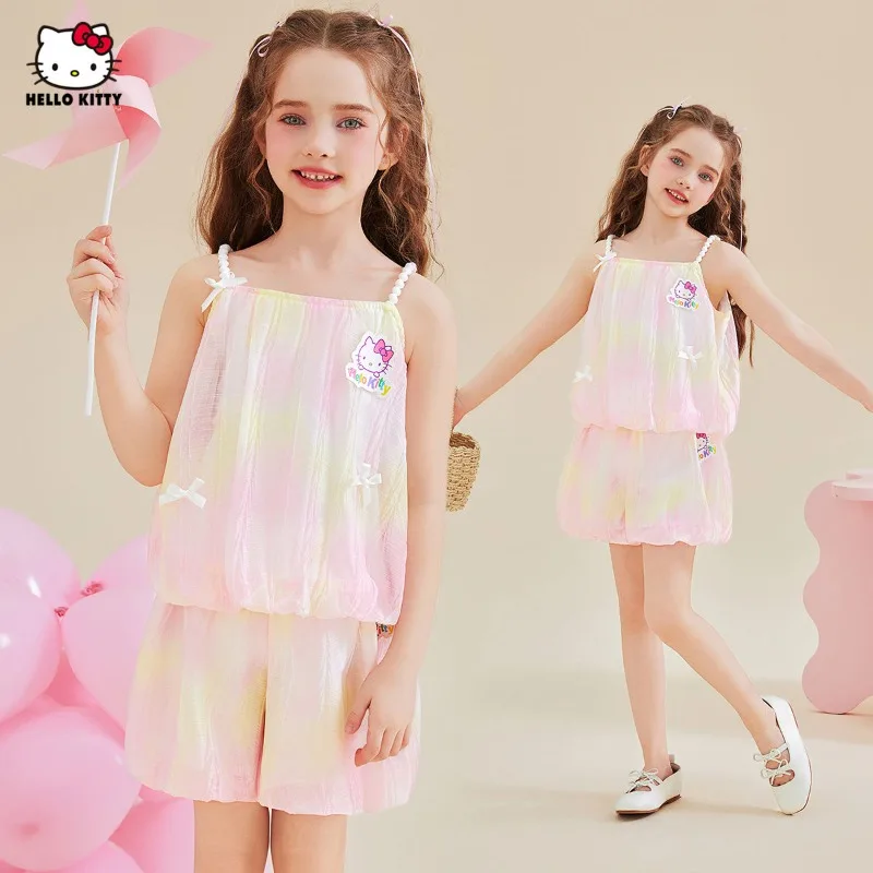 

Hello Kitty Anime Kawaii Sanrio Ins Fashion Short Sleeve Shirt Pants Set Summer Cute Cartoon Two-piece Set Clothes Gifts