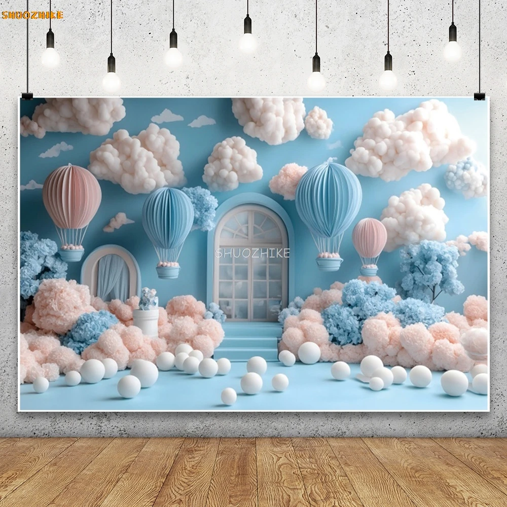 Baby Shower latar belakang ulang tahun pertama fotografi awan balon pesta dekorasi meja foto bayi fotografi kue latar belakang Smash