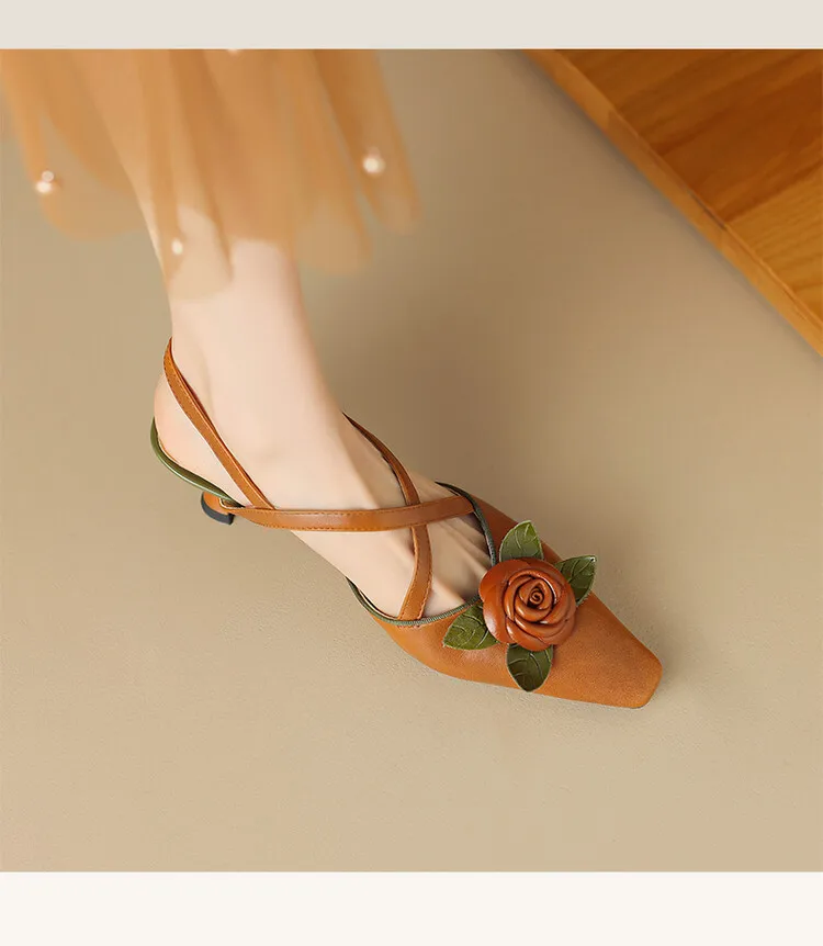 

High heeled shoes2023middle heel Baotou women's sandalsFlower large size Caligae sandals Foreign trade full leather single shoes