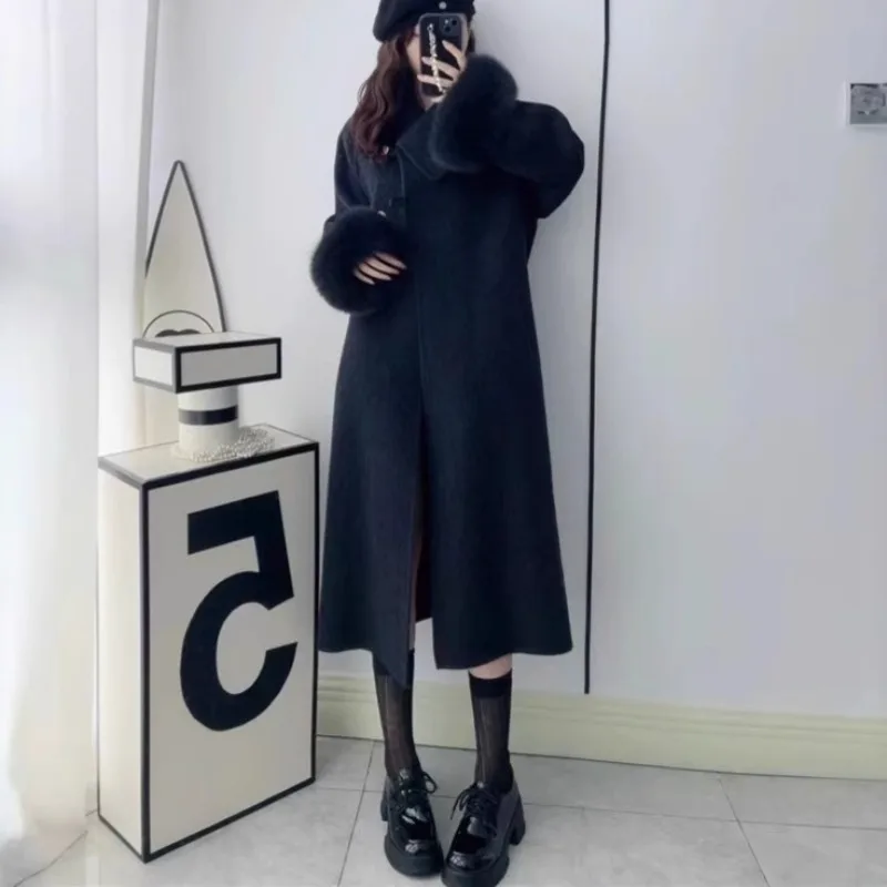 Double-sided Cashmere Coat for Women Fox Fur Office Lady Removable Elegant Double-sided Wool Long Overcoat