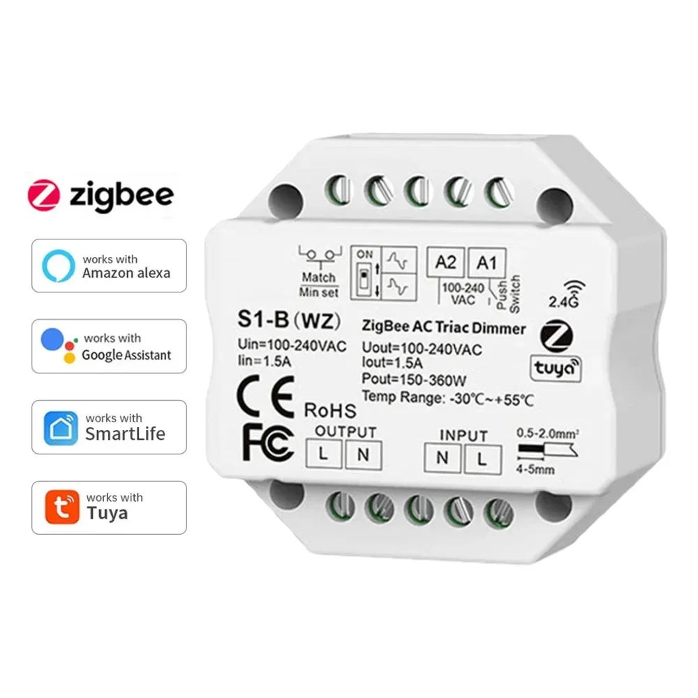 S1-B Tuya Zigbee RF AC Triac Dimmer LED Controller Push Switch Control 110V 220V 230V Smart Life APP for Alexa Google Assistant