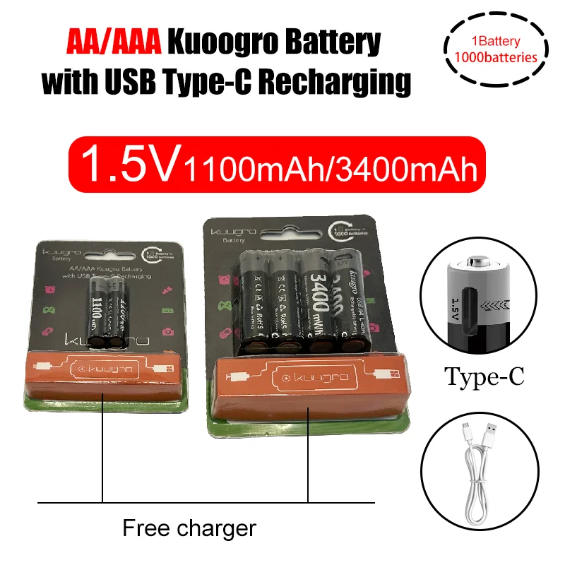 

New AAA 1.5V1100mAh rechargeable lithium-ion battery toy model learning machine remote control USB toy with Type-C fast charging