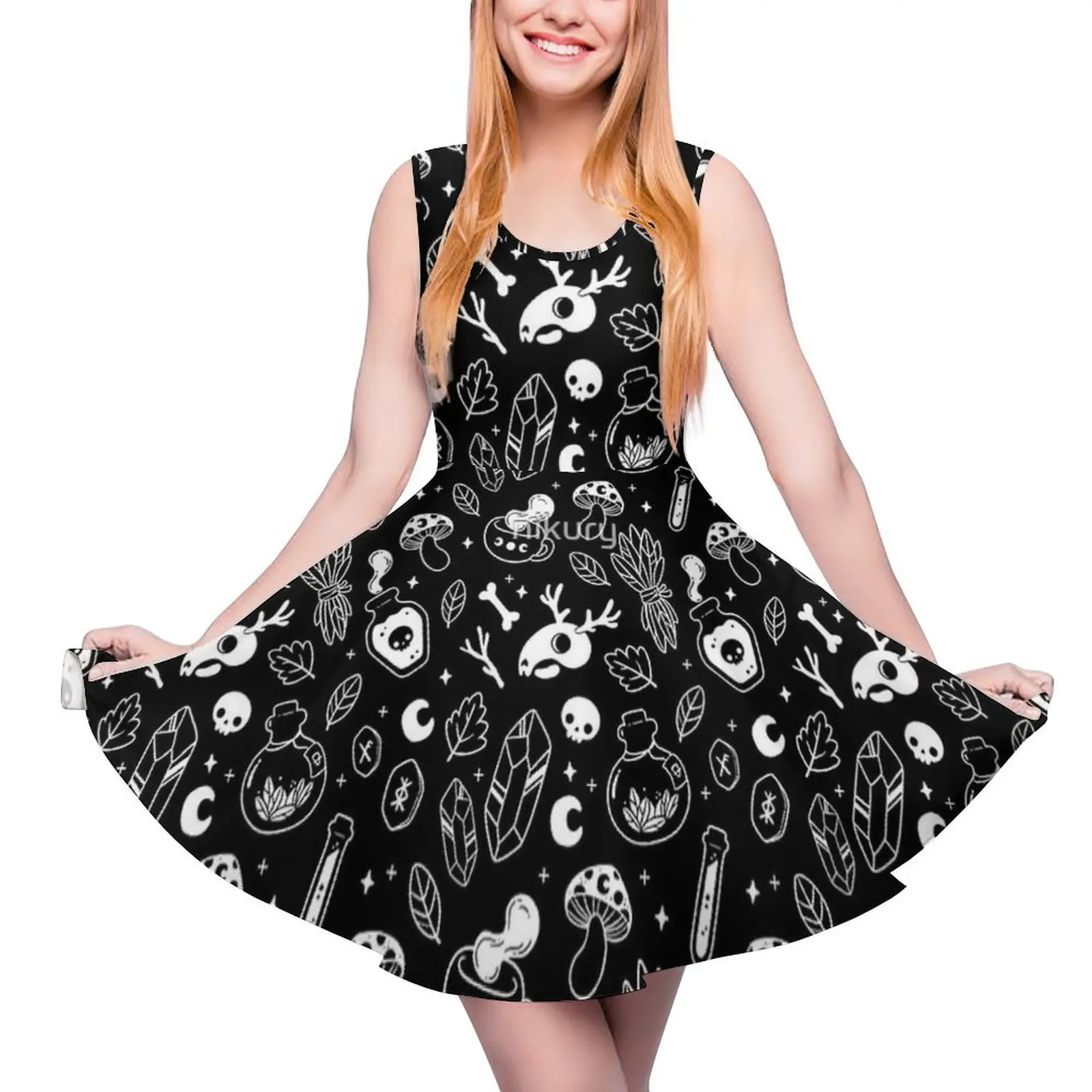 Witchy Ingredients Black And White Nikury Dress Halloween Streetwear Dresses Womens Vintage Skate Dress Spring Custom Vestido