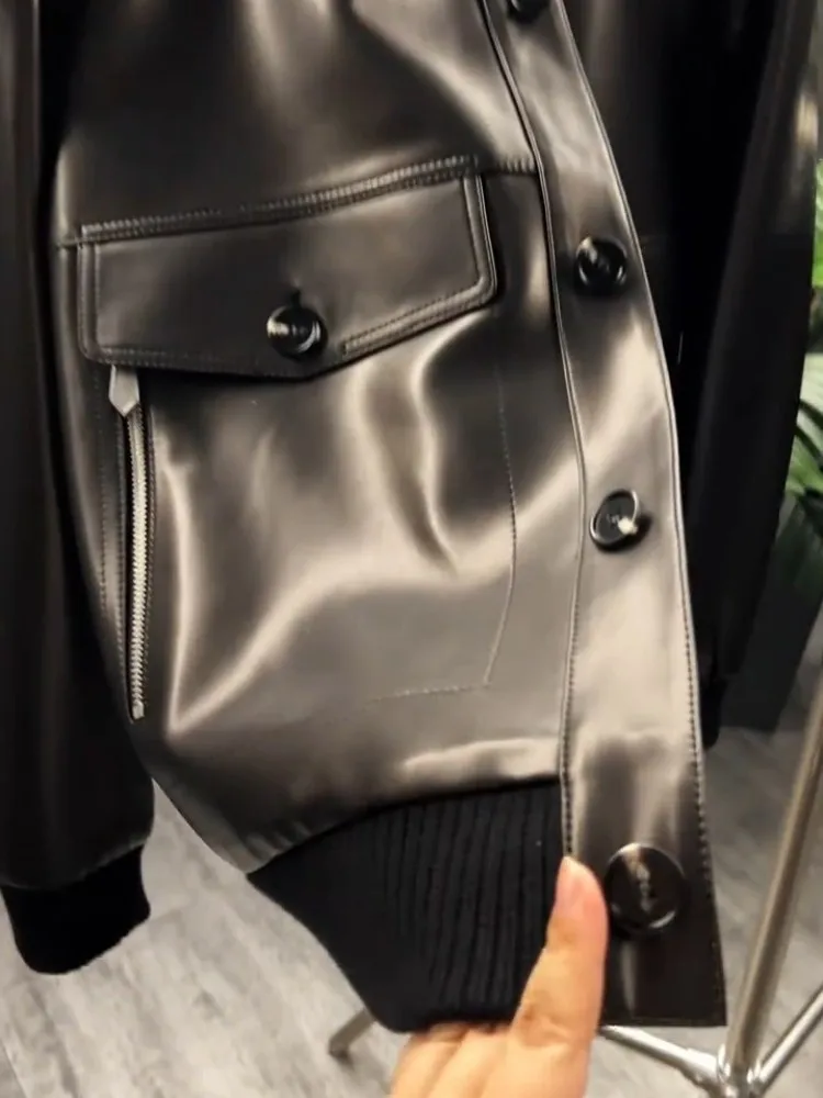 Herren Neue Frühjahr Echtes Leder Jacke Patchwork Revers Einreiher High Street Business Casual Punk Schaffell Kurzen Mantel