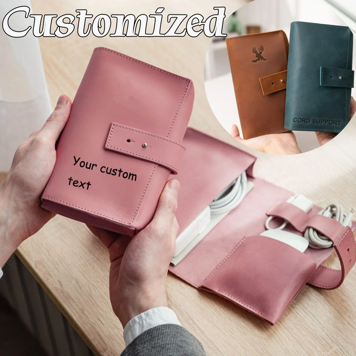 

Personalized PU Leather Travel Headset Data cable storage bag Custom NAME Data Wire Protective Cover Shockproof Large Capacity