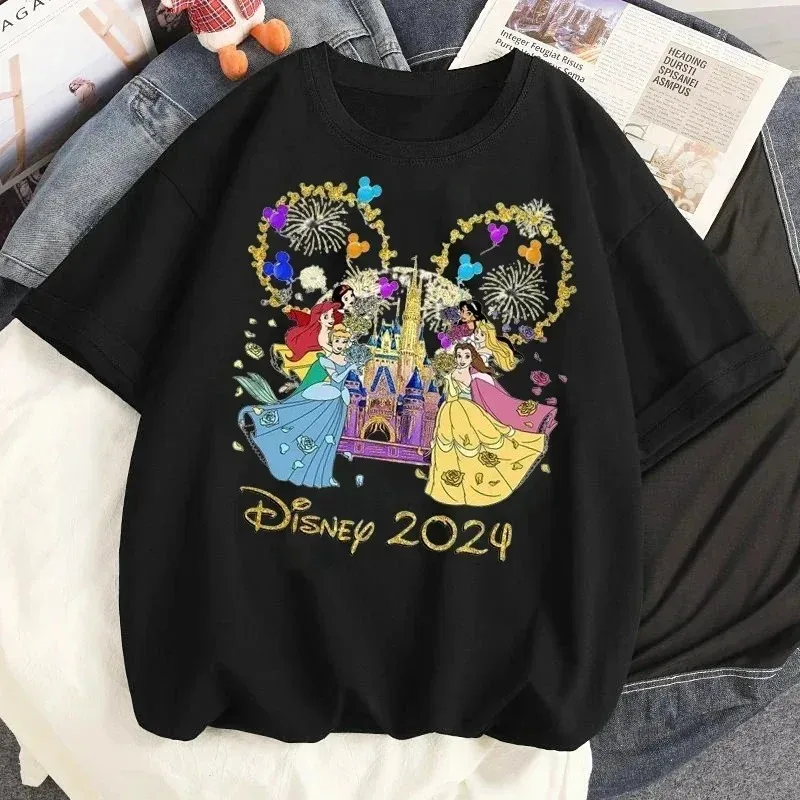 Cartoon Disney Fashion T-shirt 2024 New Year Travel Family Vacation T-shirt Summer Women's Casual Round Neck T-shirt Street Wear