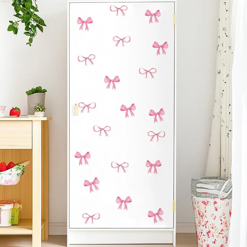 Creative Personality Pink Bow Wall Sticker, Wardrobe Sticker Girl Heart Bedroom Bowknot Wall Sticker PVC self-adhesive