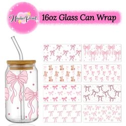 Pink Flowy Bows UV DTF Cup Wrap For 16oz Libbey Beer Glass Can Pretty Love Ribbons Cute Girly Cup Wrap Design UV DTF Sticker