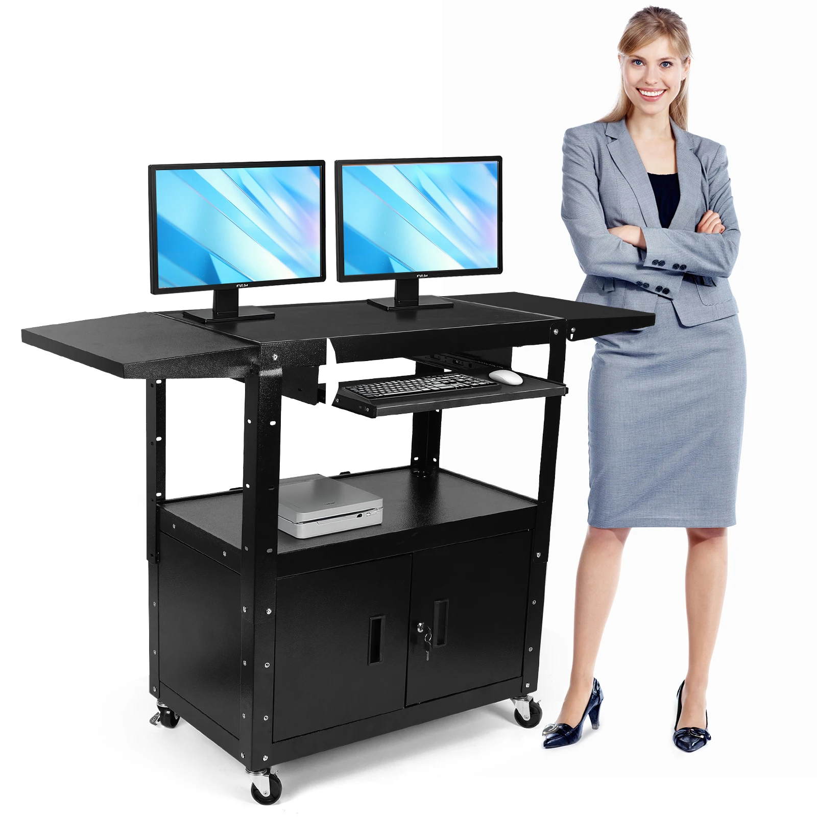 Large AV Cart Height Adjustable Presentation Cart with Pullout Keyboard Tray & Cord Management for Office Classroom Presentation