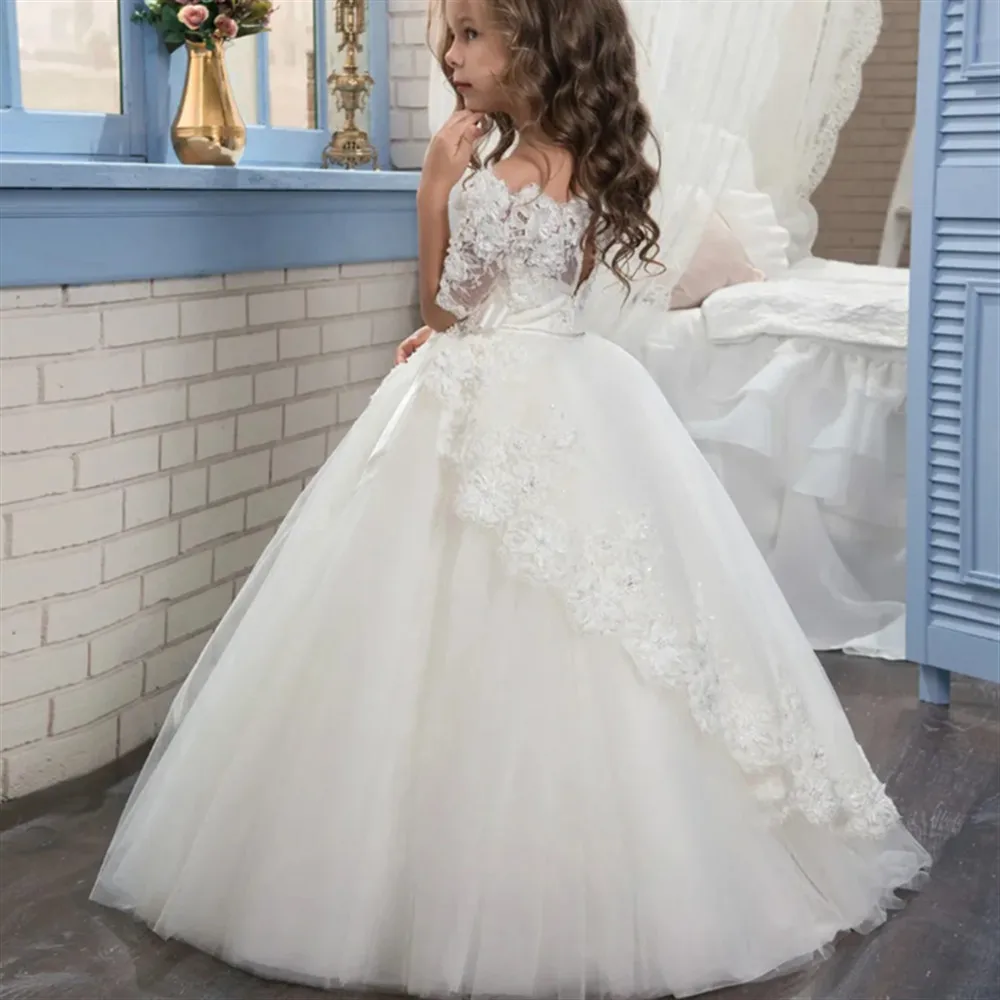 

Flower Girl Wedding Dress First Communion Gown Half Sleeve Off Shoulder Lace Bow Princess Pageant Party Dress Prom Ball Gown