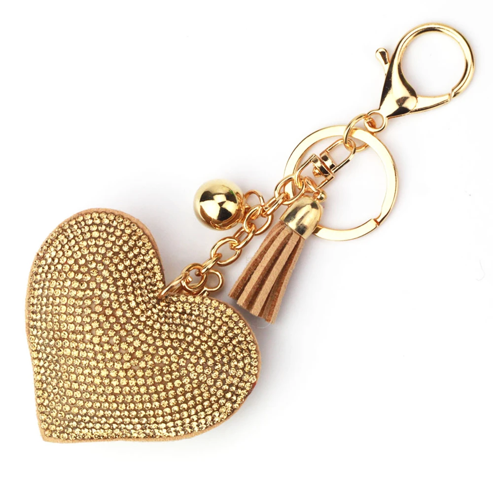 Colourful Heart Full Rhinestone Keychain PU Leather Tassel Keyring for Women Car Key Holder Valentine\'s Day Gift