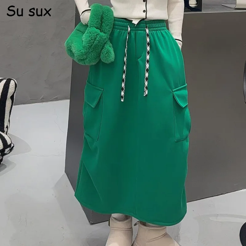 

Winter Fleece Solid Pocket Oversized Sport Long Skirt Woman Japanese Korean Fashion Casual Green Maxi Skirt Vestidos Hip 124cm