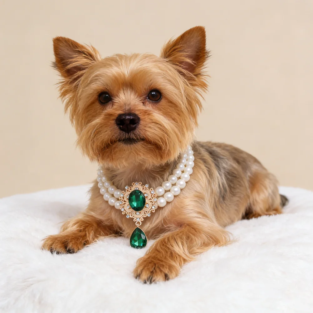 

2 Row Pearls Collar for Small Dogs Cats Necklace with Diamond Charms Handmade Pearl Cat Collar Jewelry Accessories for Puppy