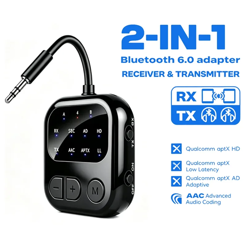 2-in-1 Bluetooth 6.0 TX RX Audio-Konverter 3,5-mm-AUX-Anschluss mit Mikrofon, HiFi-Stereo für Verstärker- und Auto-Audiosysteme