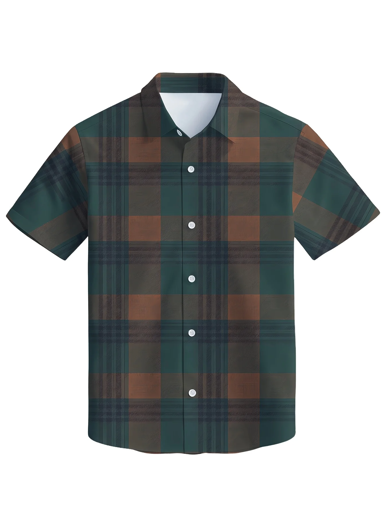 Men Dark Green Brown Vintage Plaid Commute Casual Cuban Collar Short Sleeve Shirt