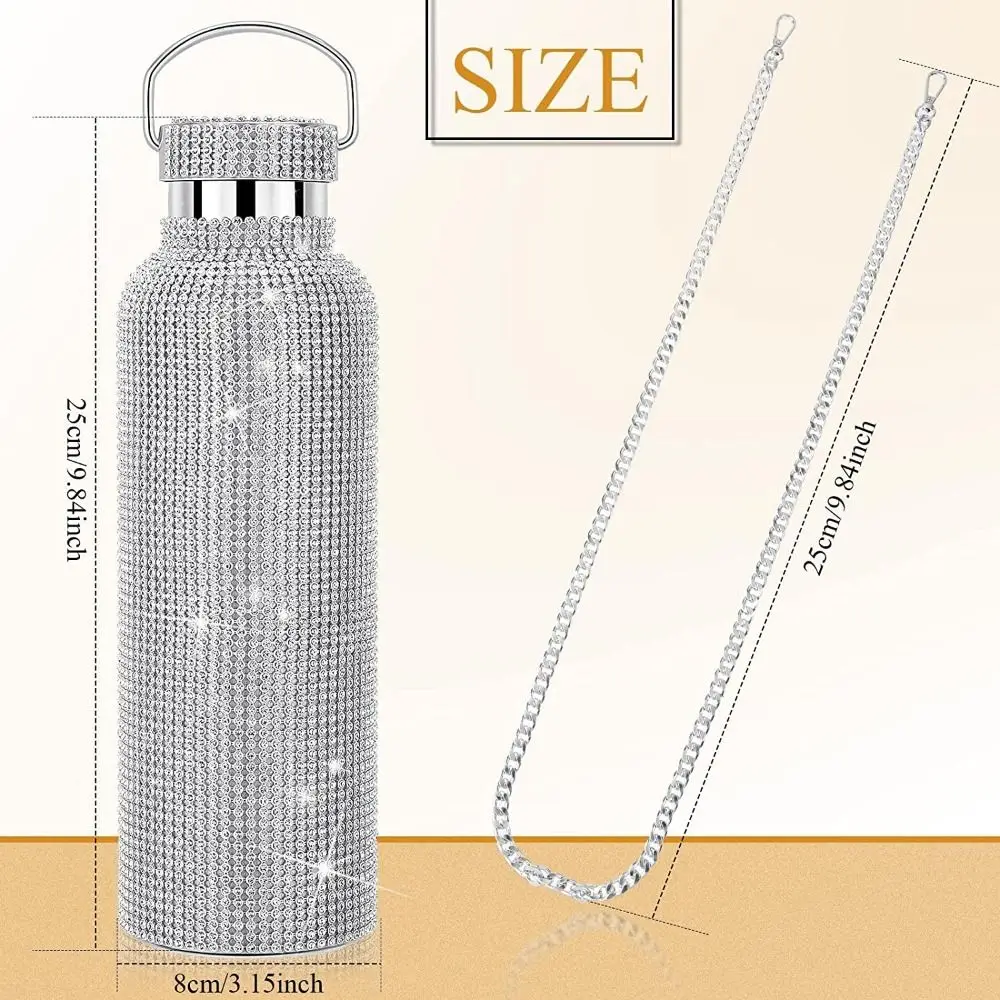Thermal Rhinestone Water Bottle Stainless Steel Refillable Glitter Tumbler Removable Carrying Strap Leak-Proof