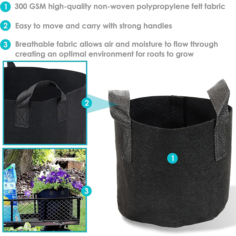 5-Pack Grow Bags/Aeration Fabric Pots with Handles(Available Capacities: 3 Gallon，4 Gallon, 5 Gallon, 7 Gallon, 30 Gallon)