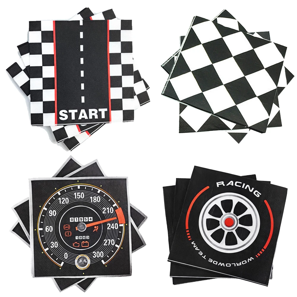 20/40/60/100 個レーシングカーテーマ使い捨てナプキンタイヤダッシュボードトラック黒白グリッドパターン男の子の誕生日パーティーの装飾