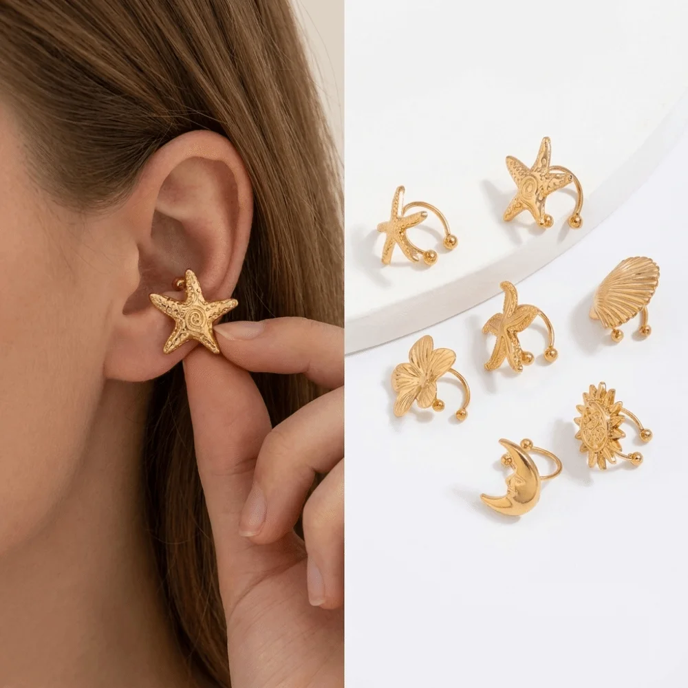 Trend Flower C Shape Ear Cuff Silver Golded Starfish Shell Ring Clip Vacation Style Metal Gold Jewelry Cartilage Ear Cuffs