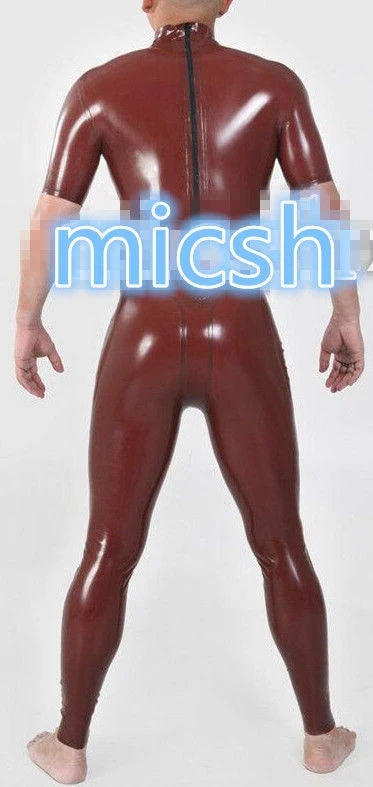 Latex Rubber Stylish Coffee Short-sleeved tights Fashion Back zipper XS- XXL