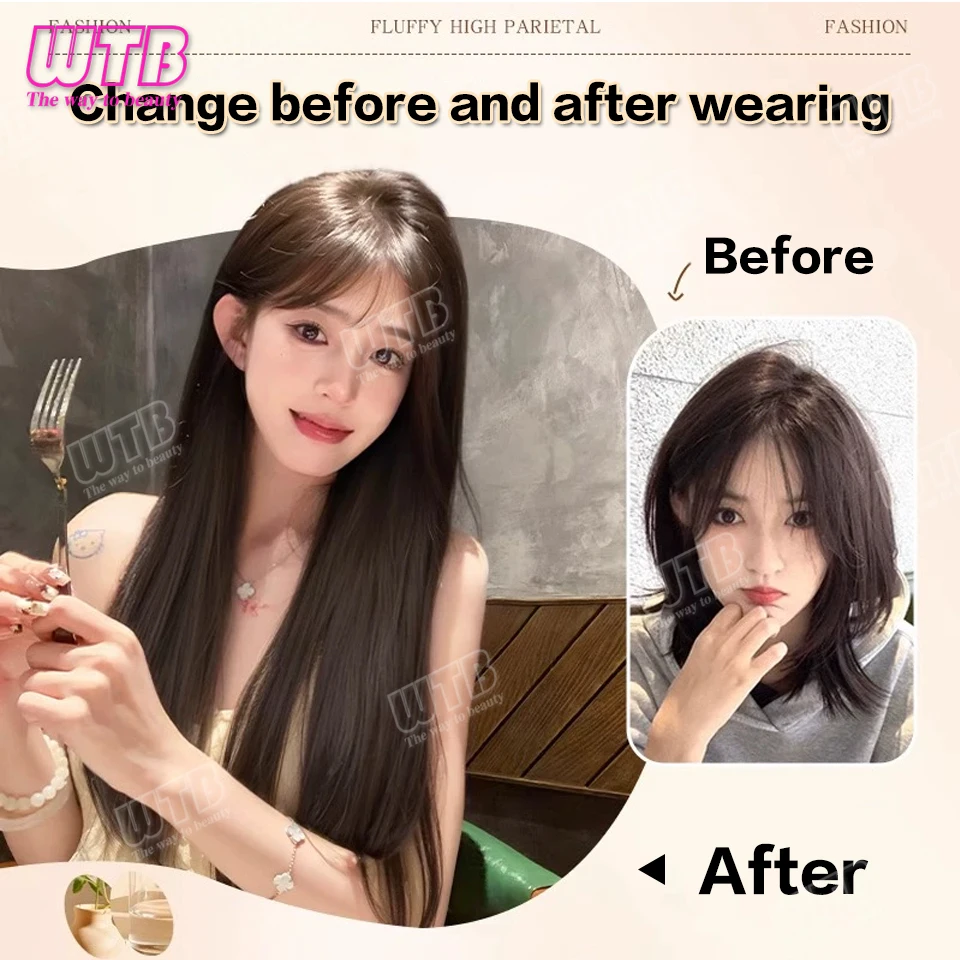 WTB วิกผมสังเคราะห์กลาง Topper Hairpiece กับ Bangs คลิป Bangs Extension ธรรมชาติที่มองไม่เห็นปิด Hairpiece สําหรับผู้หญิง