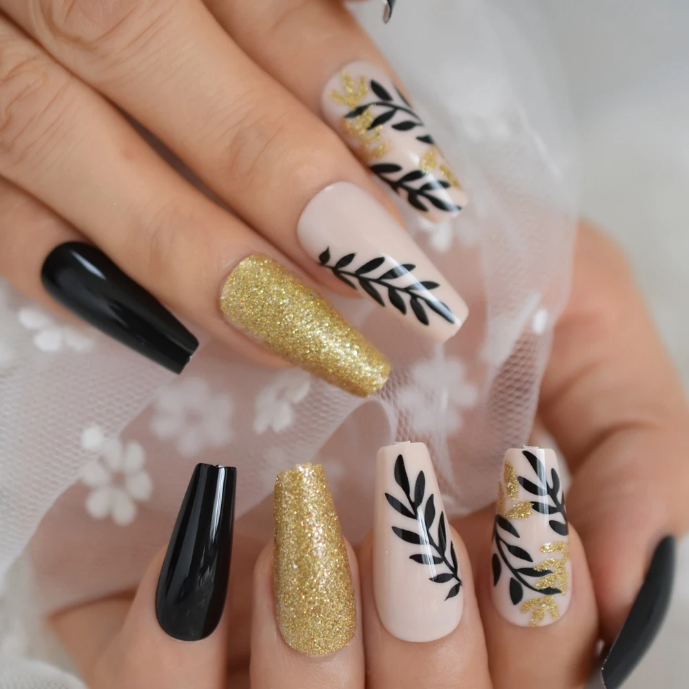 Gorgeous Gold Glitter Willow Leaf Coffin Press on Fake Nails Black Nude Artificial False Nail Tips Office Home Wear Faux Ongle