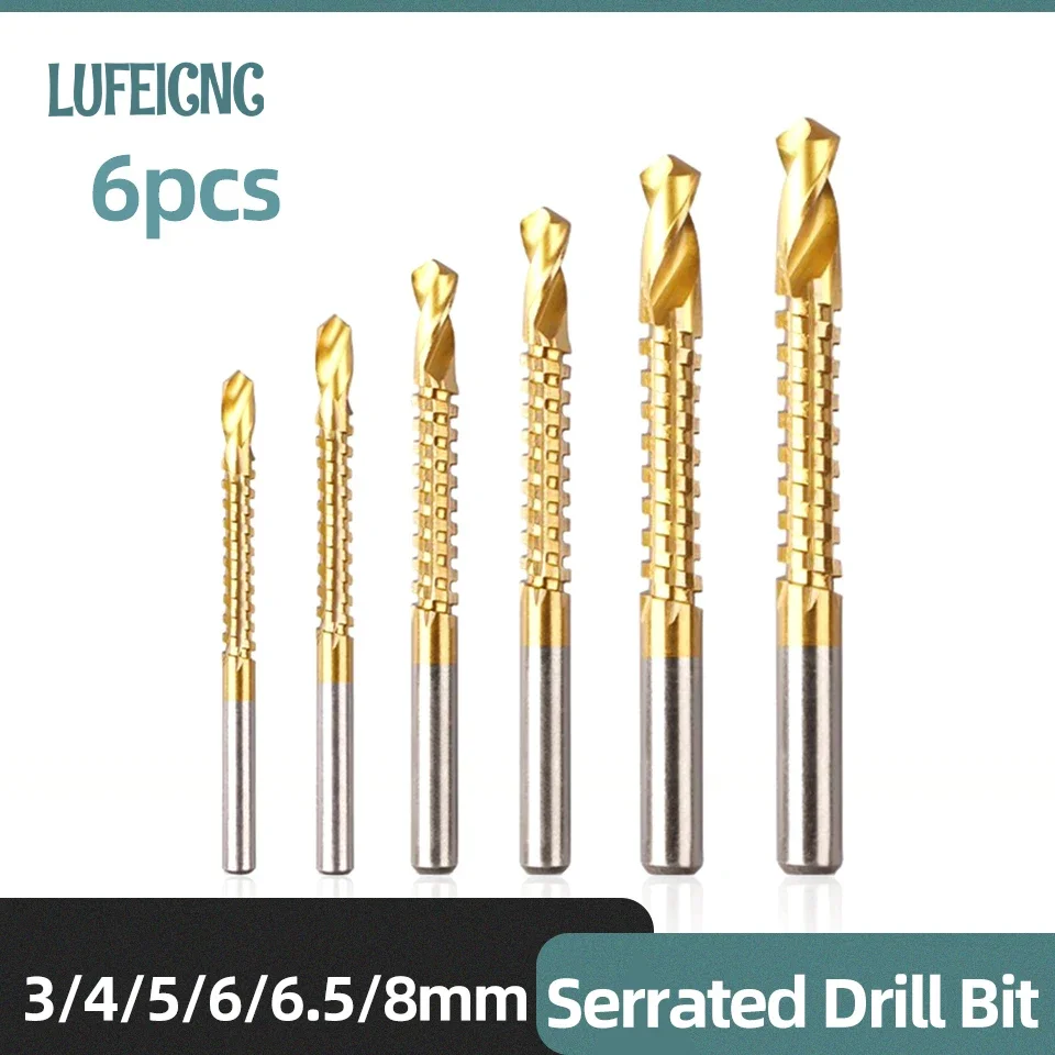 

6pcs Serrated Drill Bit Set HSS Titanium Metal Twist Drills Cutting Drilling Slotting Tools Woodworking Saw Drill Bits