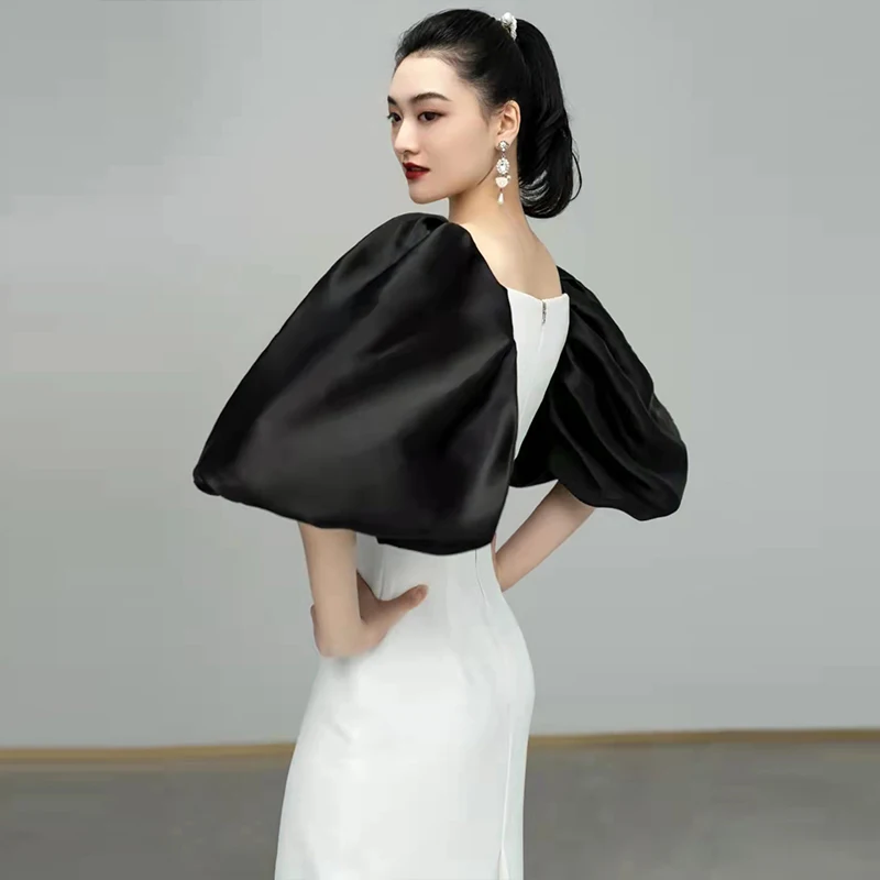 Square Collar Puff Sleeve Colorblock Slimming Bodycon Dresses For Women High Waist Elegant Dress Female Fashion New 2024