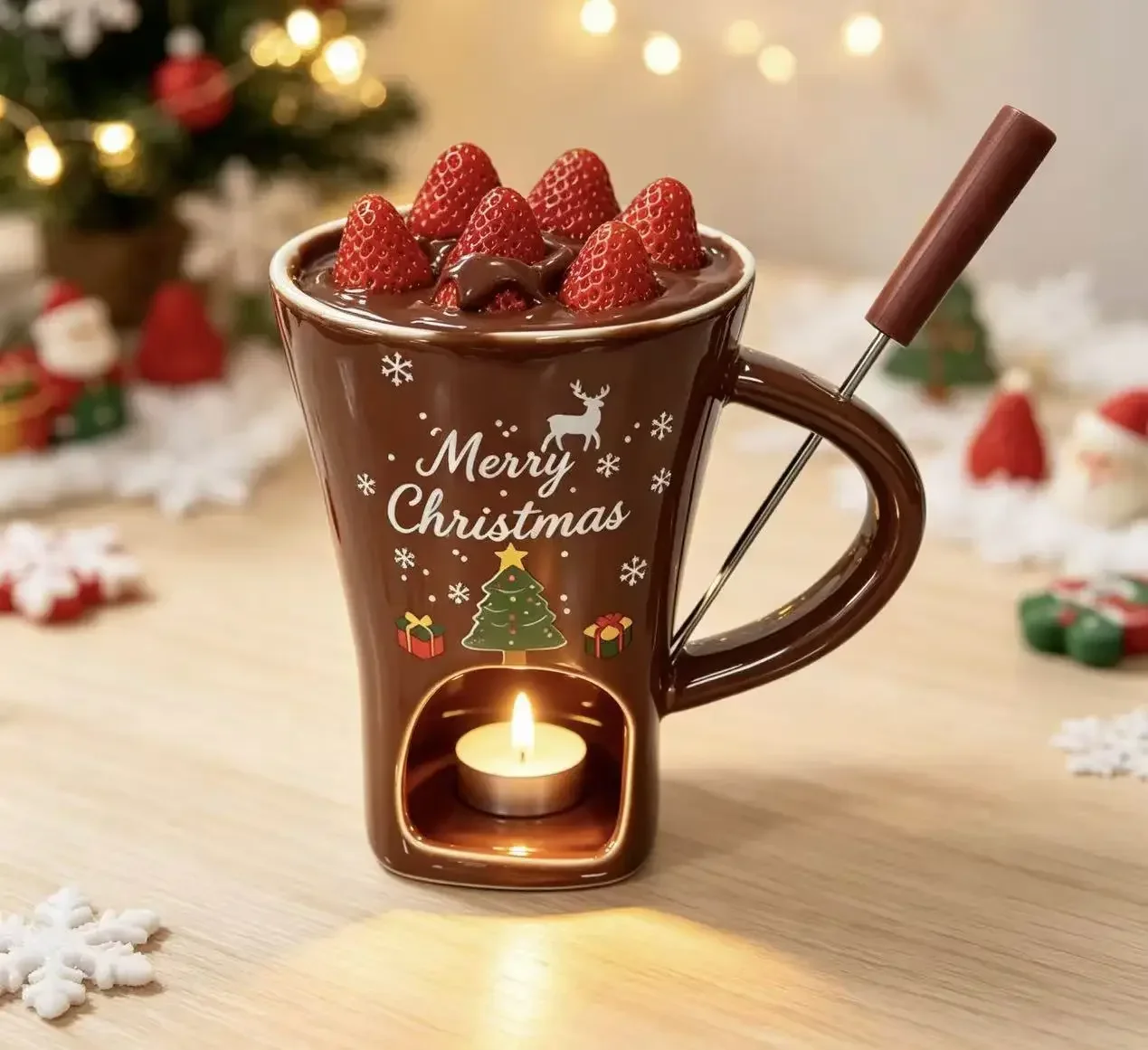 150ML Weihnachts-Keramikbecher Schokoladen-Schmelzofen mit Gabel, Heizender Käse-Hotpot-Becher, Weihnachtsgeschenk für Paare – Detail 5