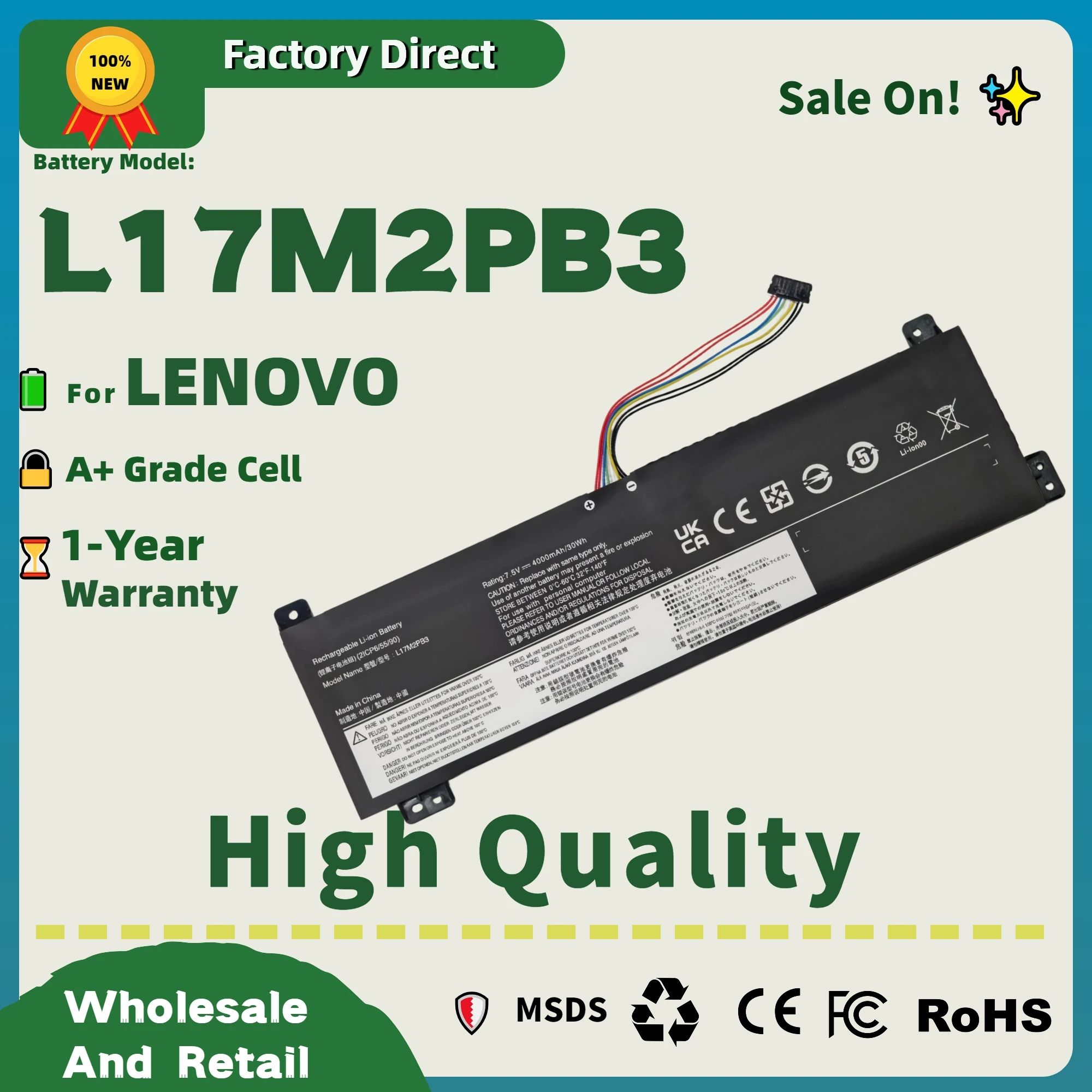 Factory Direct! L17M2PB3 L17L2PB4 L17M2P83 L17M2PB4 Battery For Lenovo V130-15IKB V130-15IGM V330-15IKB 5B10P53995, 5B10P53998,