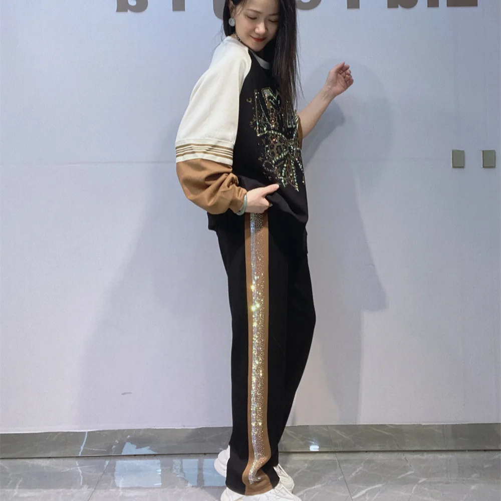 Autumn Two Piece Sets Womens Outifits Long Sleeve Patchwork Tracksuit Bow Diamonds Side Printed Casual Pants Knitting Women