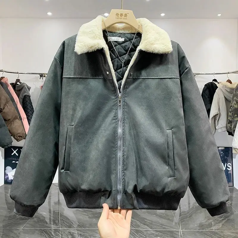 2025 New Faux Shearling Collar Vintage Jacket Men Winter Thick Warm Padded Coat American Style Workwear Cotton Outerwear