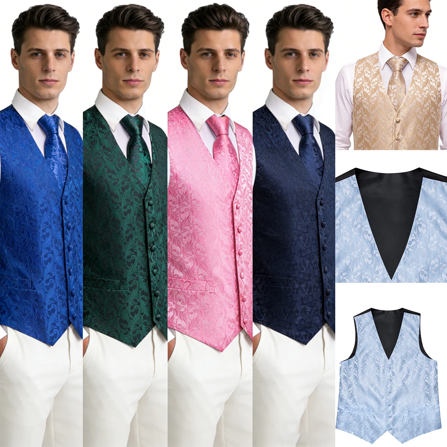 Men's Classic Floral Vest & Tie Hanky Cufflinks Set – Waistcoat for Weddings Events Party Gift