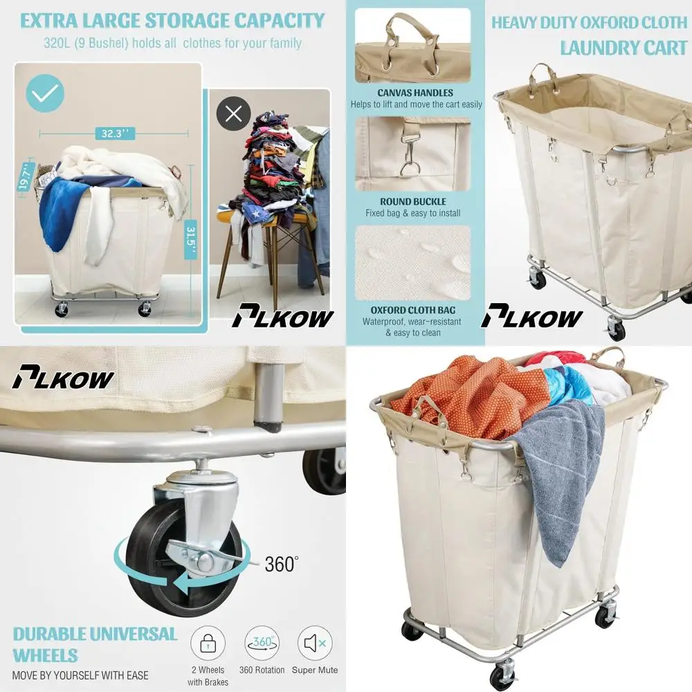 

Large 320L Rolling Laundry Cart with Steel Frame and Waterproof Lining, 9 Bushel Capacity, Beige