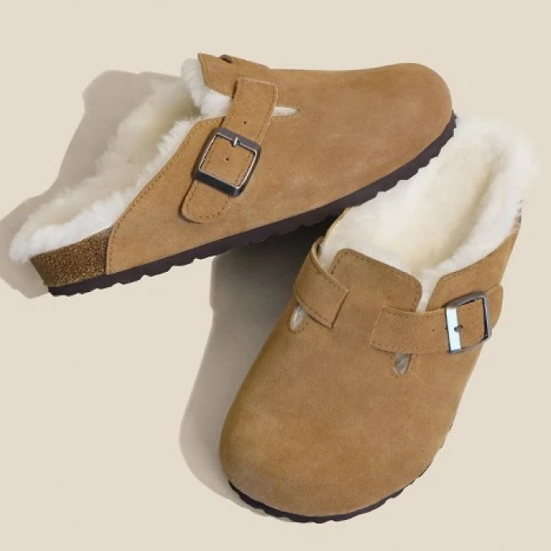 Shevalues sabots classiques en fourrure pour femmes hiver nouvelle mode semelle intérieure en liège pantoufle en peluche avec Support d'arc confortable maison Mules en daim fourrure