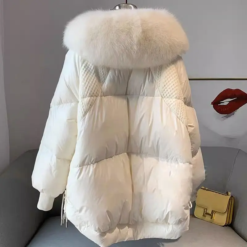 Winter New Down Coat Women\'s Fashion Mid Length Korean Fox Large Fur Collar Thickened White Duck Down Coat Winter Coats Women