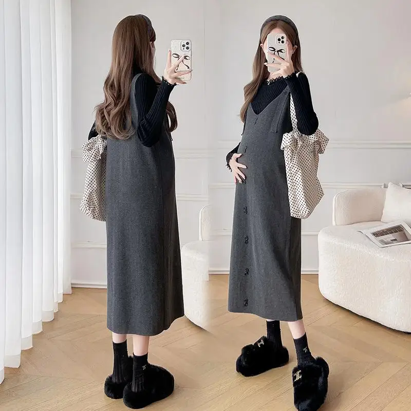 

Autumn Pregnant Women Knitted Dress with Buttons Grey Maternity Strap Dresses Loose Casual Sleeveless Pregnancy Knitting Dress